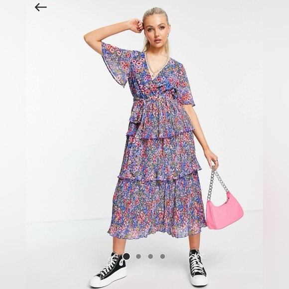 ASOS Dresses & Skirts - ASOS  Wrap Front Tiered Pleated Midi Dress in Blue Flirty Floral Print Size 8